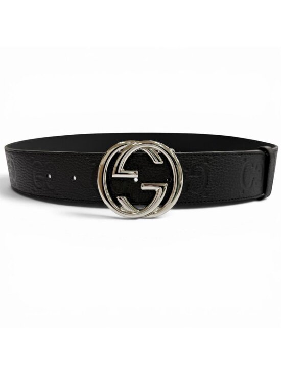 Gucci Leather GG Pattern Interlocking Buckle Wide Belt Black Silver main image 7